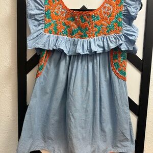 Mi Golondrina Blue Dress with Orange Embroidery